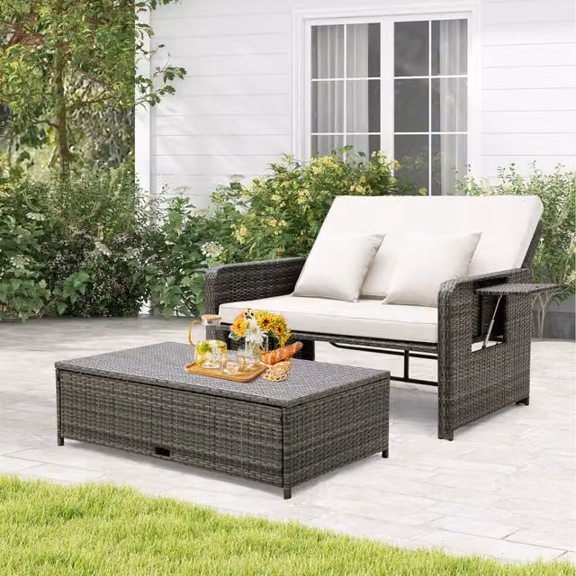 Costway Modern White and Grey Rattan Patio Daybed Loveseat Sofa Set