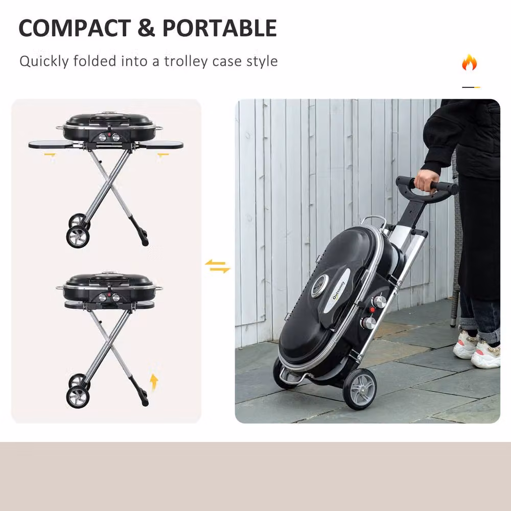 OUTSUNNY 2 Burner Gas BBQ Grill Trolley with Side Shelves and Thermometer in Black – 5