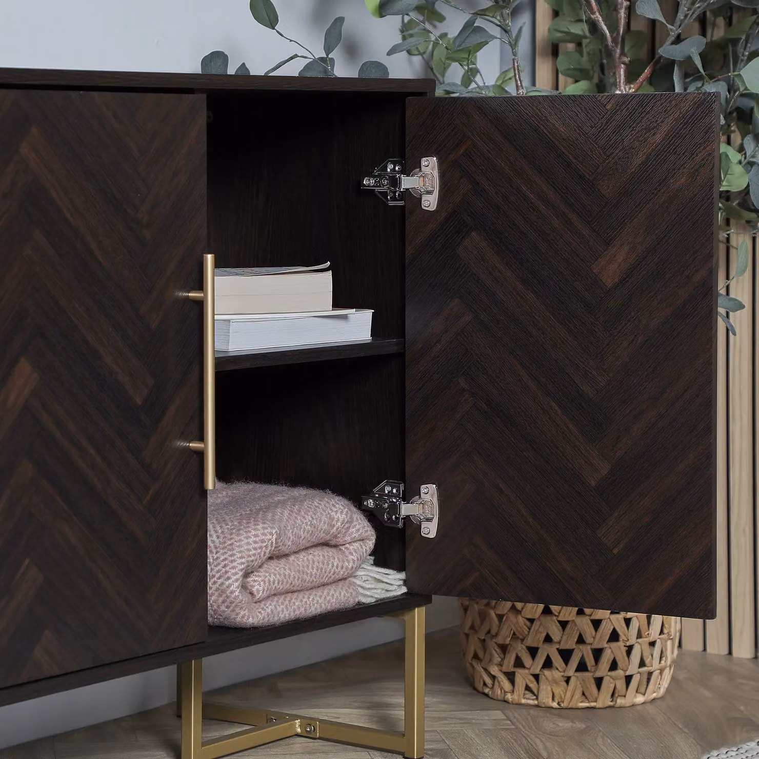 Spinningfield York Chevron Parquet Design 2 Door Sideboard Unit in Dark Brown with Gold Details W/D/H: 80 x 39 x 80 cm – 2