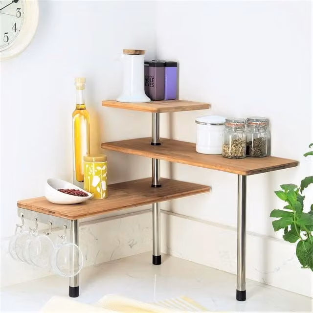 mysmartbuy Freestanding 3 Tier Bamboo Wooden Corner Etagere for Kitchen or Bathroom, Brown, W/D/H: 43 x 39 x 18 cm