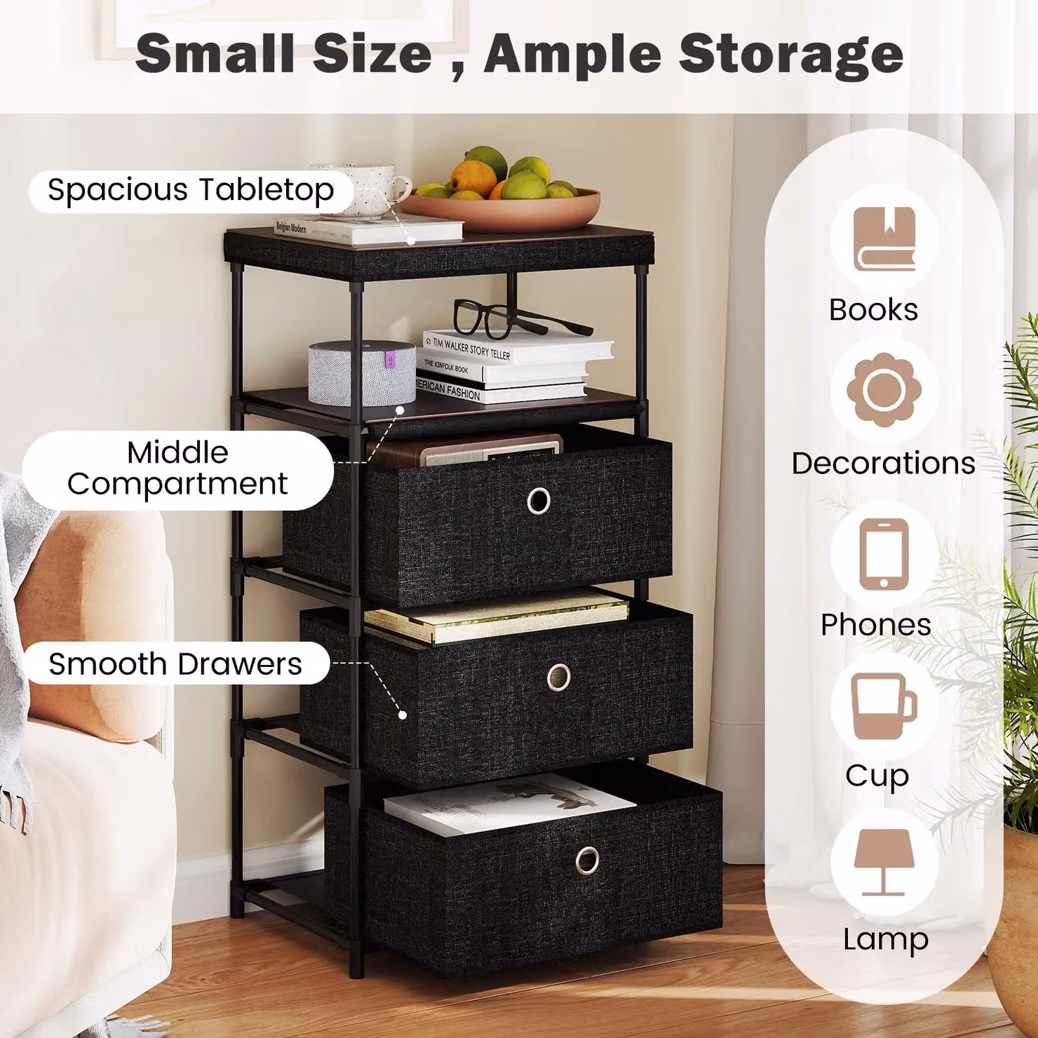 Gymax Industrial Fabric Storage Tower with Wood Top, Black – 4