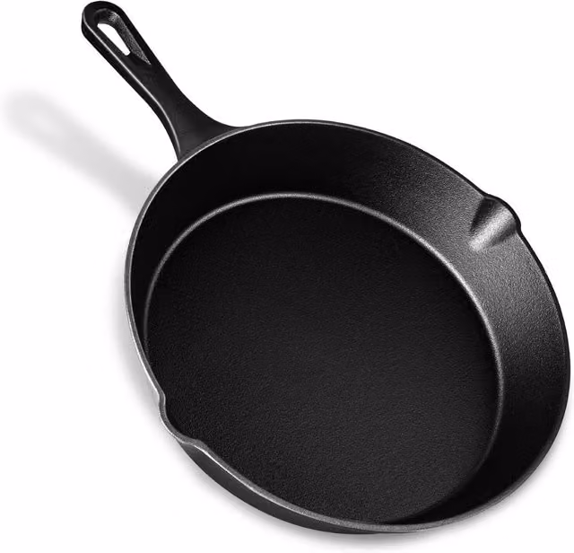 VonShef Black Uncoated Cast Iron Frying Pan with Pouring Spout