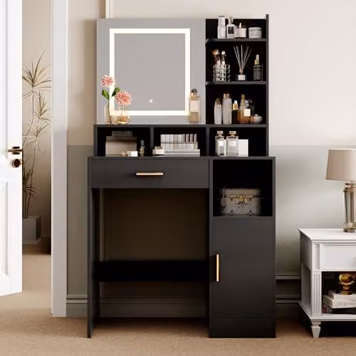 MCC Direct Truro Dressing Table with Hollywood LED Mirror and Storage, Black, W/D/H: 140 x 40 x 80 cm – 1