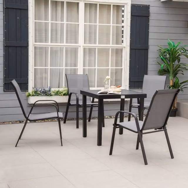 Outsunny Set of 4 Stackable Modern Garden Dining Chairs in Matt Grey Metal