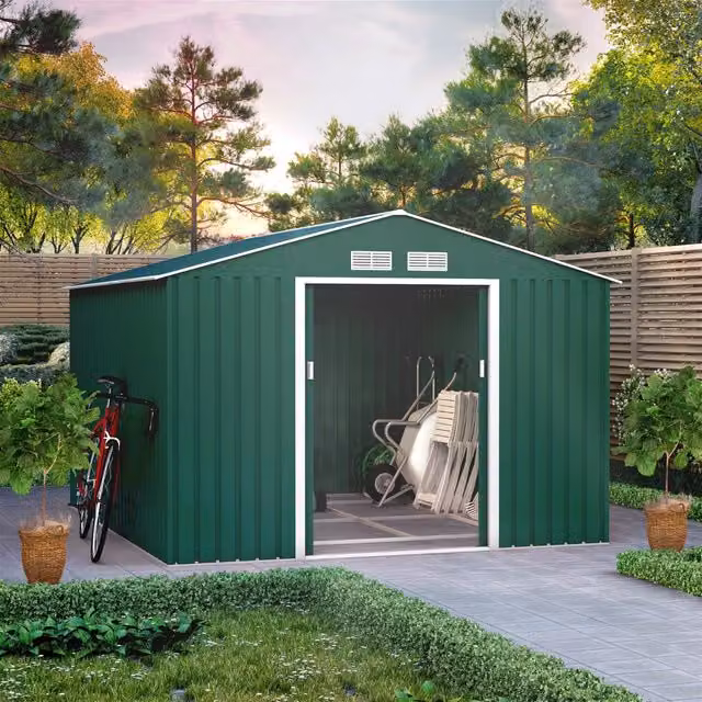 BillyOh Ranger Apex Metal Gable Shed with Foundation Kit and Sliding Doors in Green