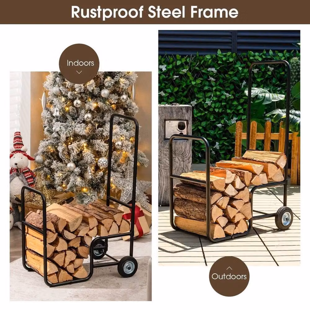 SPETLEK Black Rolling Firewood Cart and Log Carrier Holder – 6