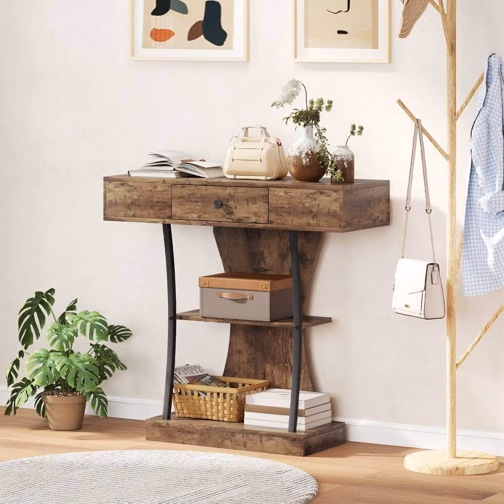 STILVORA Industrial Console Table with Drawer and Shelves in Dark Brown and Black – 2