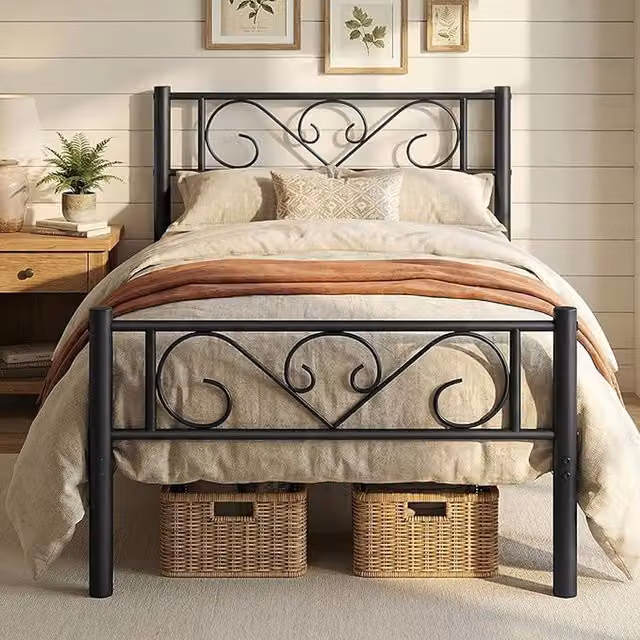 VASAGLE Modern Metal Single Bed Frame with Headboard, Black