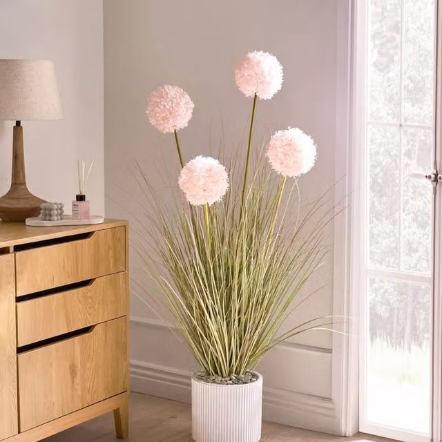 Wyld and Coco Artificial Green Grass with Pink Reeds in a Black Tabletop Pot, Height: 120 cm