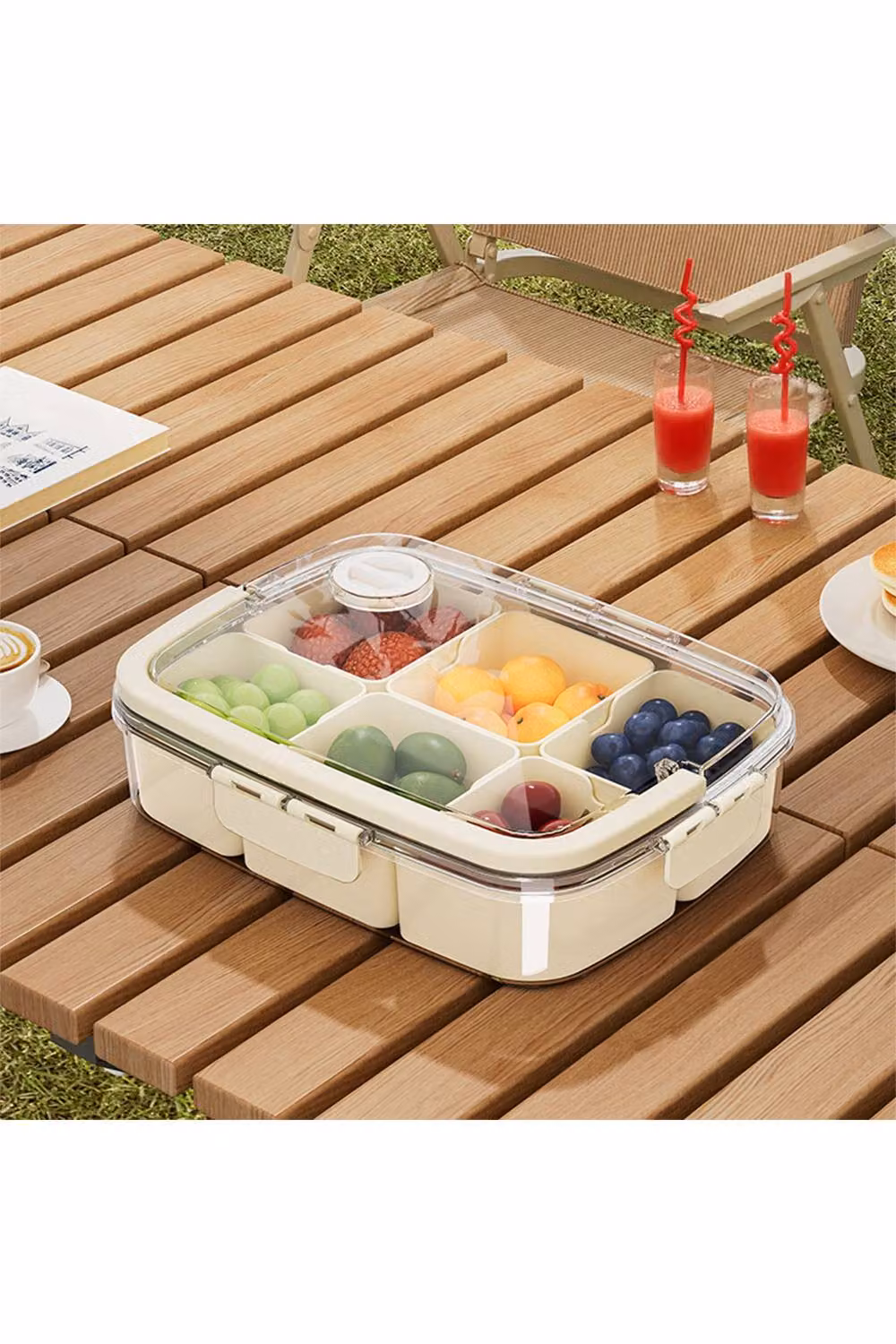Living and Home 6-Grid Airtight Fridge Storage Container Food Organiser Box with Handle, Height: 8 cm, Cream and Transparent – 2
