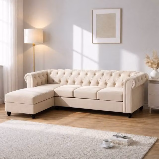Sofaya Hampton 4 Seater L Shape Chesterfield Sofa in Beige Velvet with Left Hand Chaise – 1