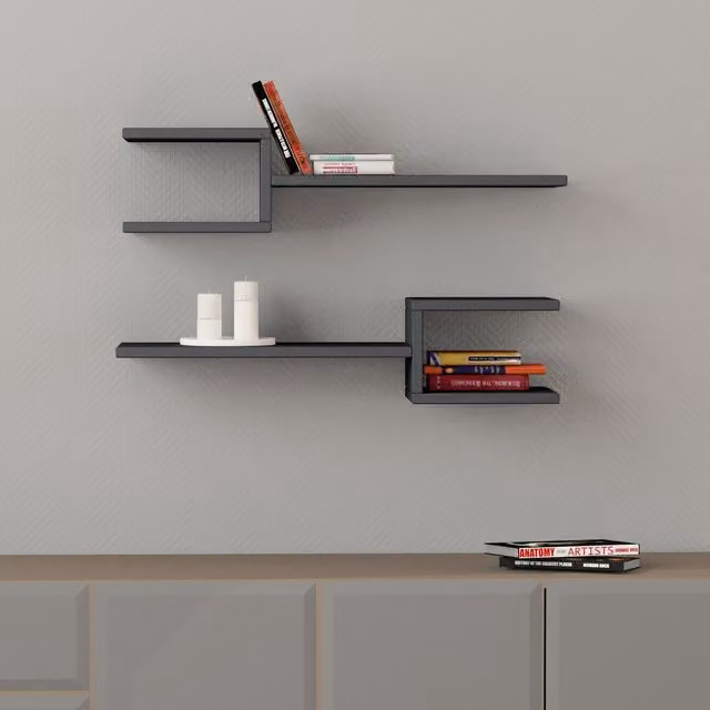 Decortie Fork Modern Floating Shelf Set in Anthracite Grey, 2 Piece