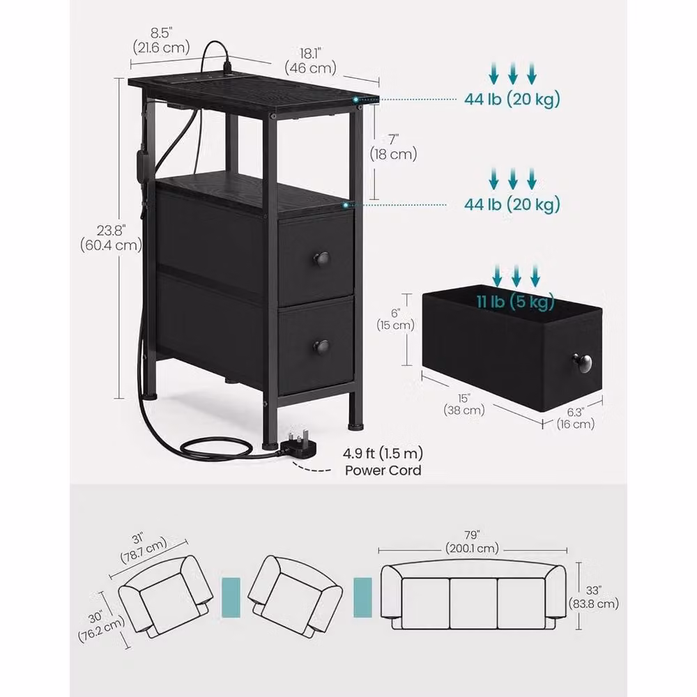 FORGEVIO Modern Black Matt Bedside Table with Integrated LED Lighting and Charging Station – 2