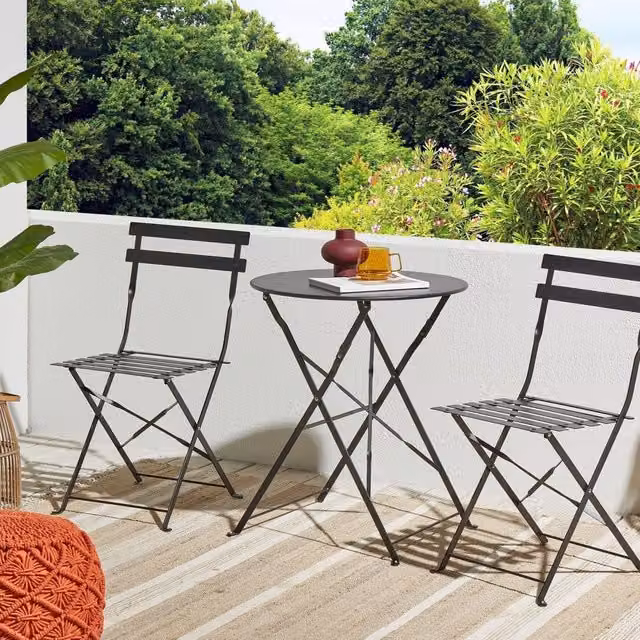 Wyld and Coco 3 Piece Black Metal Folding Bistro Set with Slatted Steel Chairs