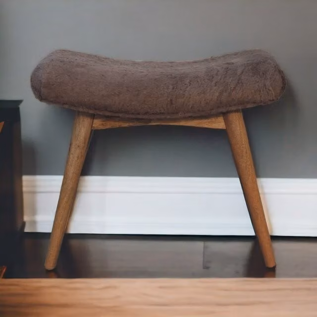 Artisan Furniture Mango Wood Curved Bench in Brown with Faux Fur Fabric