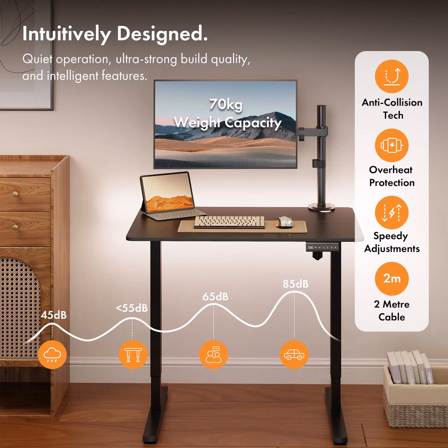 VonHaus Electric Height Adjustable Standing Desk with USB-C Charging in Black, W/D/H: 100 x 60 x 72 cm – 4