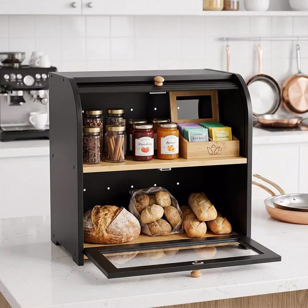 Toque 2-Tier Large Capacity Roll Top Bread Box in Black Bamboo with Acrylic Door, W: 40.0 cm, D: 27.5 cm, H: 38.5 cm – 2