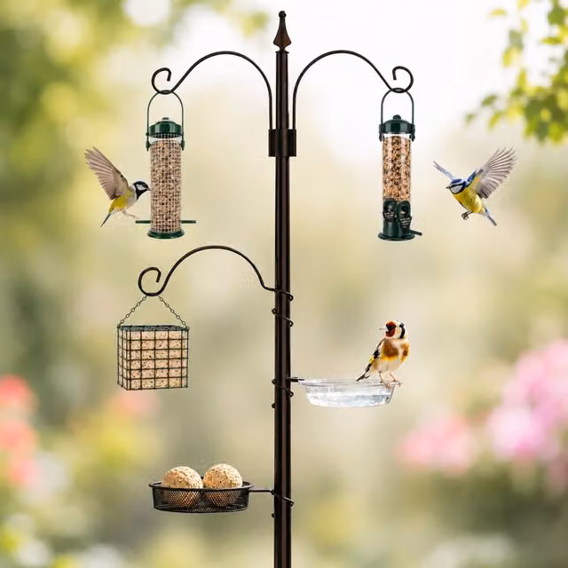 Marco Paul 190cm Metal Bird Feeding Station with Feeders and Trays in Dark Brown and Black