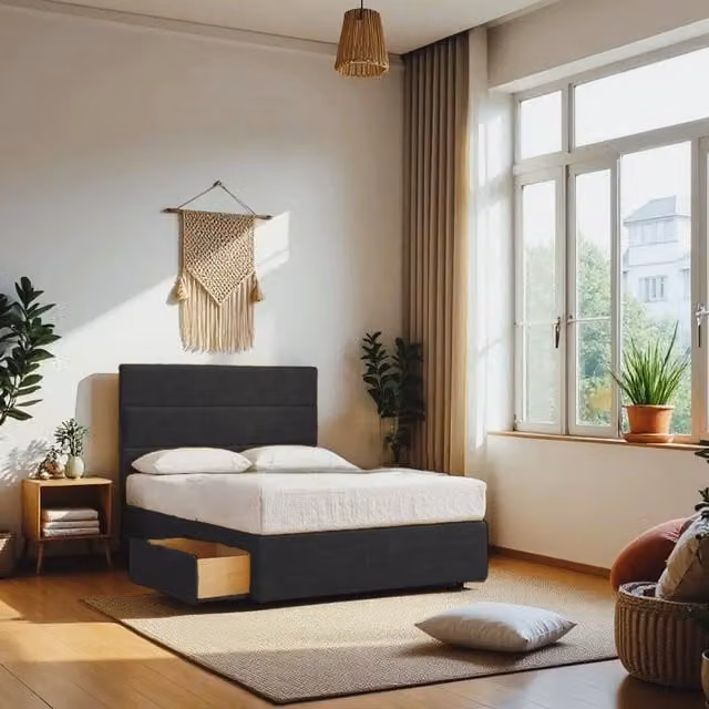 Knight Sleep York Plush Velvet Divan Base with Upholstered Headboard in Black, W/D/H: 180 x 200 cm