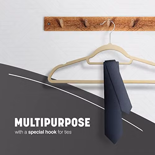 KEPLIN Velvet Non-Slip Clothes Hangers with Swivel Hook and Tie Bar, Beige, 50 Pack – 6