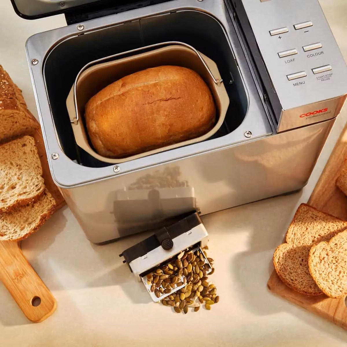 Cooks Professional Digital Bread Maker Machine with Fruit and Seed Dispenser, 19 Programmes, Delay Timer and Keep Warm Function, Silver – 3
