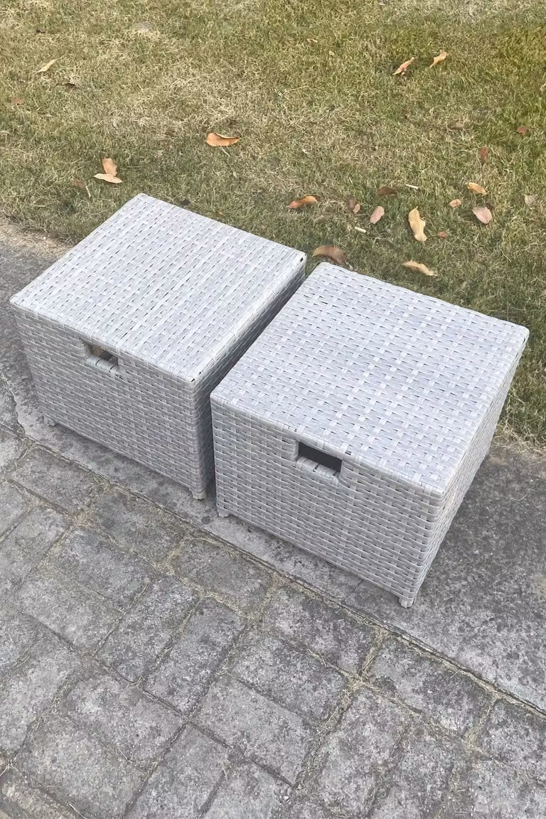 Fimous Set of 2 PE Rattan Small Footstools in Light Grey