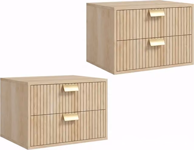 HOMCOM Set of 2 Modern Floating Nightstands, Wall Mounted Bedside Tables with 2 Drawers in Oak