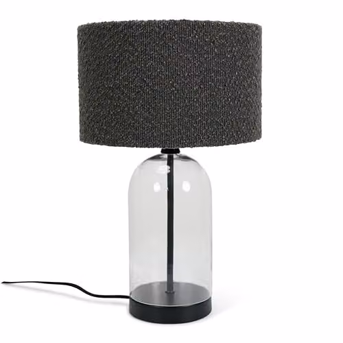 ValueLights Glass and Black Metal Table Lamp with Charcoal Grey Fabric Lampshade and LED Bulb – 1