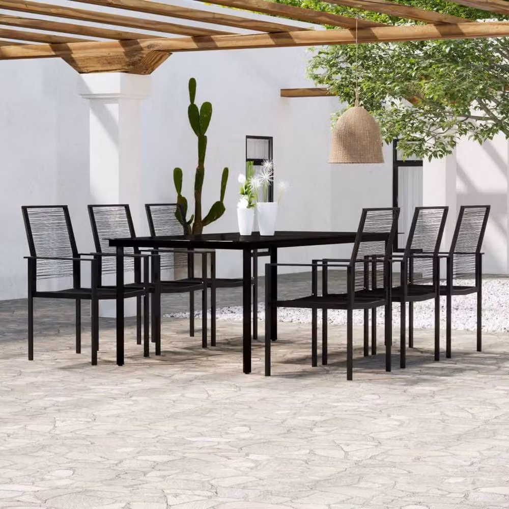 Berkfield Home 7 Piece Black Garden Dining Set with Metal, Glass and Rattan – 2