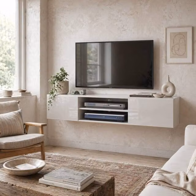 Wyld Haus Lumipa High Gloss White Floating TV Cabinet with Open Shelves W: 140 cm, D: 30 cm, H: 32 cm – 1