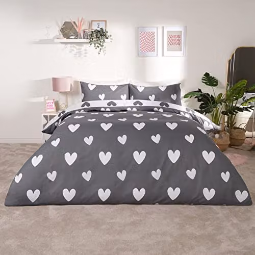 OHS Love Heart Reversible Printed Duvet Cover and Pillowcase Set, Grey and White, W/D/H: 200 x 200 cm with Pillowcase 50 x 75 cm – 3