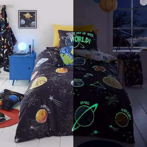 Bedlam Reversible Glow in the Dark Outer Space Duvet Cover and Pillowcase Set, Black, W/D/H: 200 x 200 cm