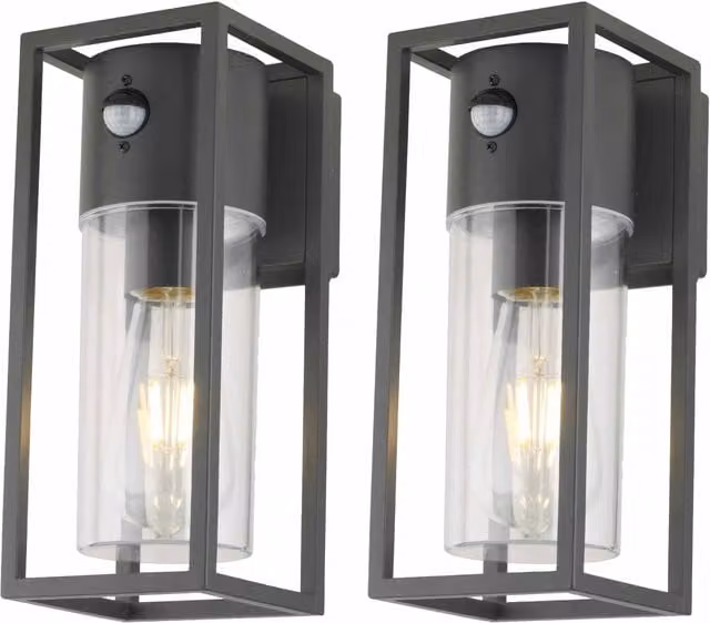 First Choice Lighting Hale Set of 2 Black Motion Sensor Outdoor Wall Lights with Timer and LED Metal and Glass Construction