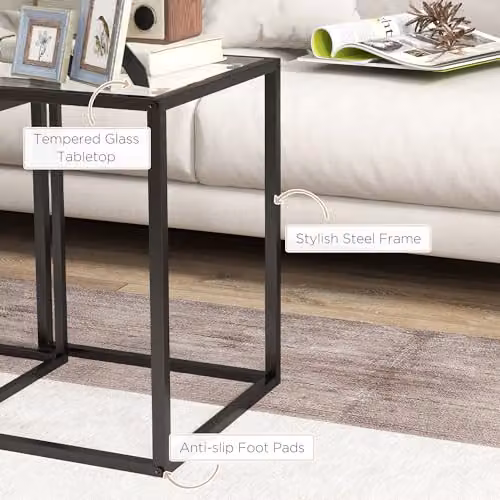 HOMCOM Nesting Tables Set of 2 with Tempered Glass Tops and Steel Frame, Black – 3