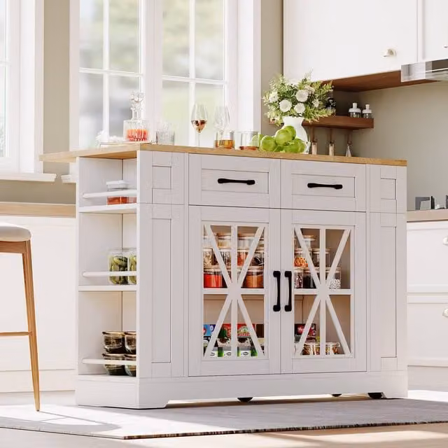 Merax Mobile Kitchen Island Trolley with Foldable Tabletop and Storage Cabinet in White – 1