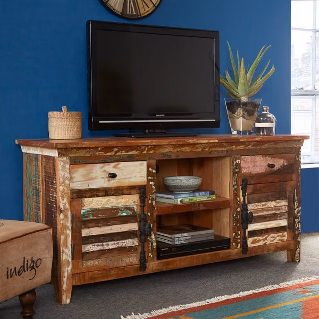 IH Design Reclaimed Boat Wood Multi Media TV Unit with 2 Drawers and 2 Doors in Multicolour and Brown