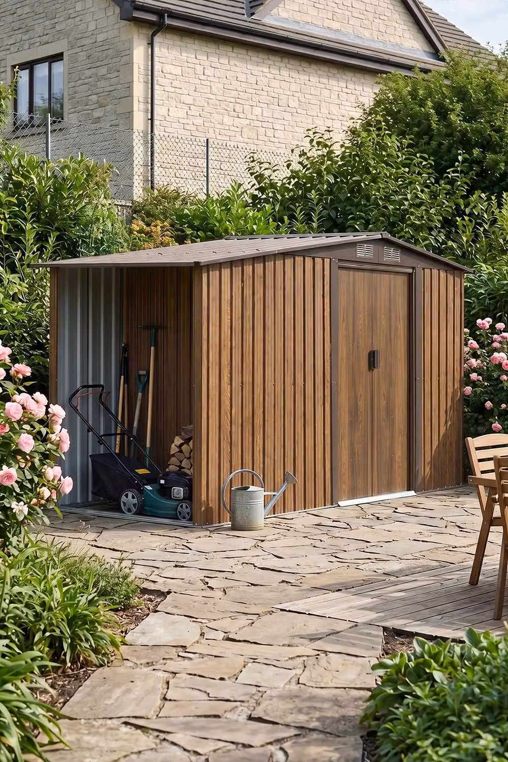 Garden Sanctuary Metal Garden Storage Shed with Log Storage, Brown, W: 329 cm, D: 120 cm, H: 178 cm – 2