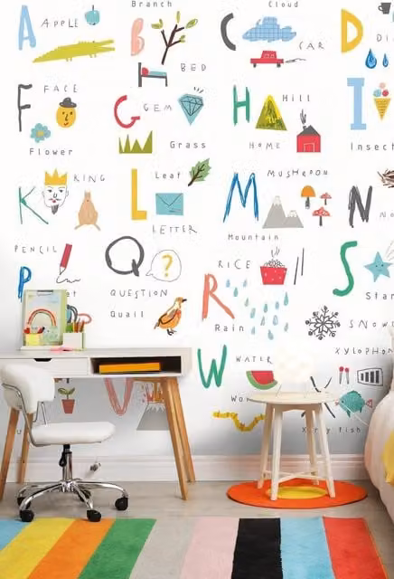 Origin Murals Scandinavian Childrens Alphabet Typography Wall Mural, Multicolour, W: 300 cm, H: 240 cm