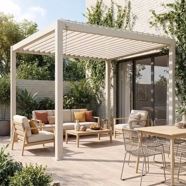 sweeek V2 Aluminium Louvered Pergola in Beige, W: 300 cm, D: 300 cm, H: 255 cm