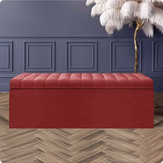 R&M Furnishers Safar Ottoman Storage Box, Red Striped Plush Velvet Upholstered Blanket Chest and End of Bed Bench