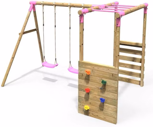 Rebo Wooden Double Swing Set with Pink Accents