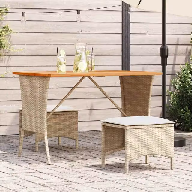 Berkfield Home Garden Table with Acacia Wood Top and Beige Poly Rattan, W: 105 cm, D: 75 cm, H: 72 cm