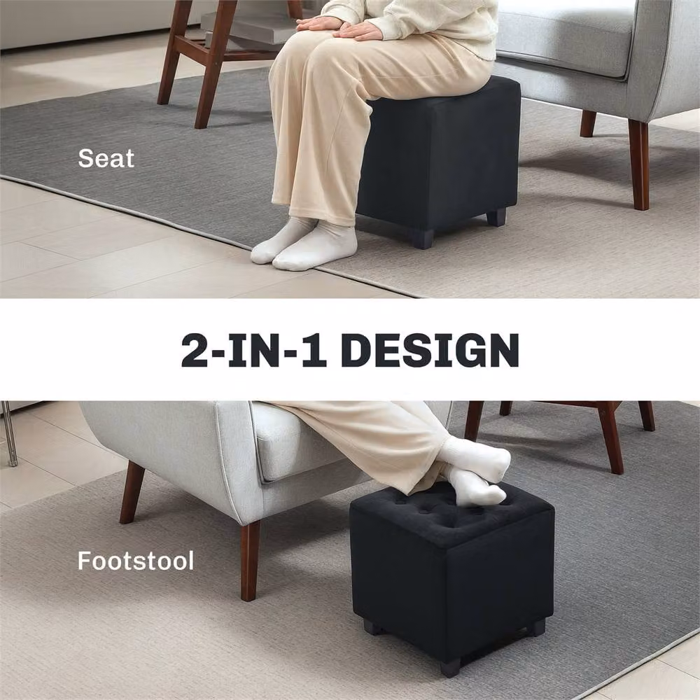 EONLION Velvet Cube Footstool Ottoman in Grey and Black, W/D/H: 35 x 35 x 35 cm – 4