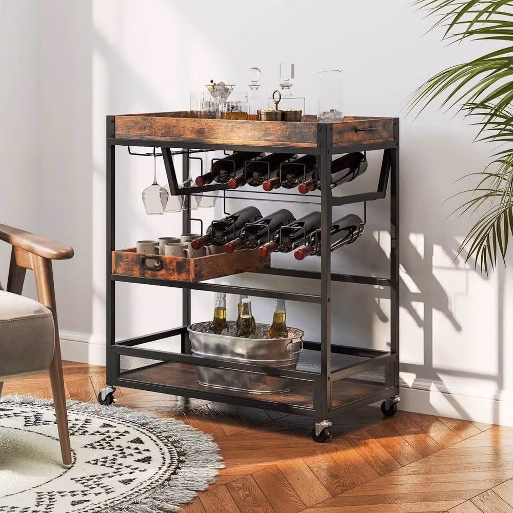 VOGREX Brown 3-Tier Industrial Kitchen Storage Trolley with Castors and Removable Tray – 3