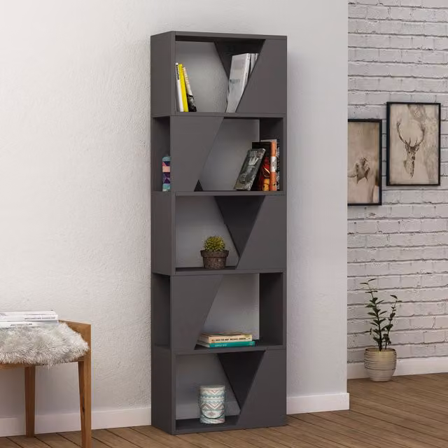 Decortie Modern Tall Frame Bookcase Display Unit in Anthracite Grey and Black, H 168.0 x W 54.0 x D 24.0 cm