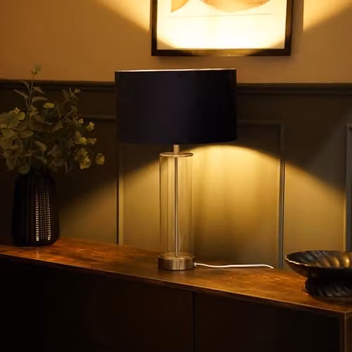 ValueLights Balan Glass and Brushed Chrome Table Lamp with Black Velvet Drum Shade – 2