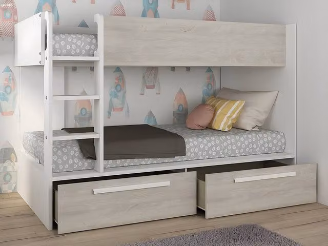 Vente-unique Single Bunk Beds with 2 Drawers in White and Light Oak, W/D/H: 200 x 90 x 147 cm