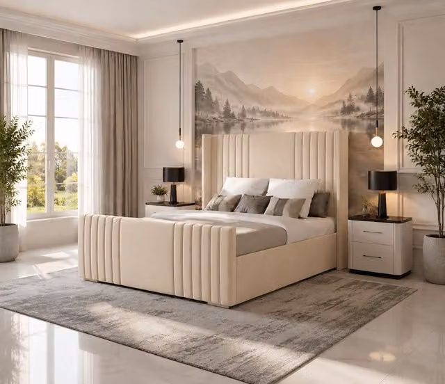 K Mehmood Enterprise Ltd Luxury Modern Upholstered Divan Bed Set with Mattress and Headboard in Beige, W/D/H: 120 x 200 cm