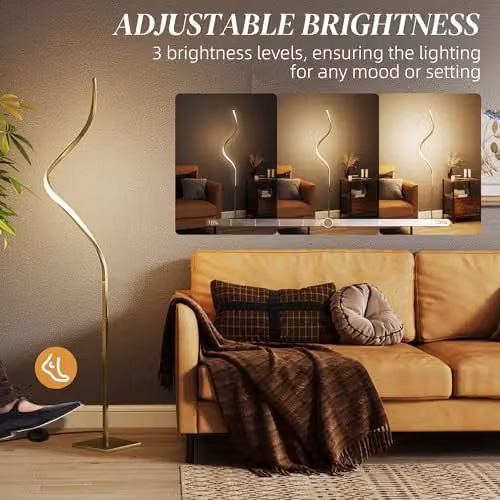 HOMCOM Modern LED Arc Floor Lamp in Gold/Brass with Adjustable Brightness and Foot Switch – 3