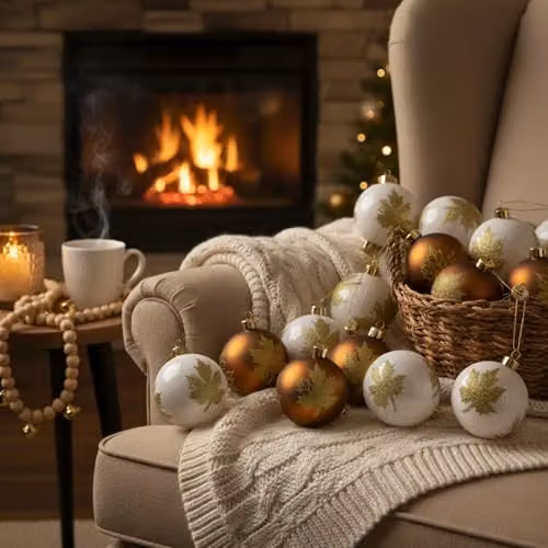 Shatchi 12-Piece Set of Classic Floral Glass Baubles in White, Gold and Brown for Christmas, Weddings or Parties, Diameter: 8 cm – 5